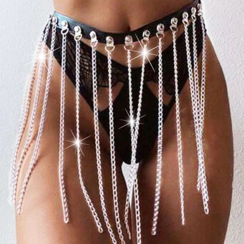 Black and Silver Body Chain Fringe Belt Bottom